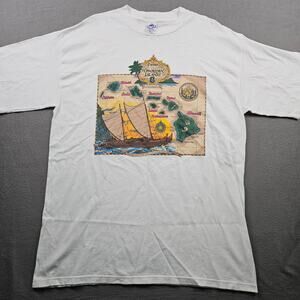 Vintage Hawaiian Islands Shirt Polynesian Sailing Mens XL White